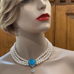 Freshwater Pearls 3 row necklace with Turquoise center piece, Weddings collectio
